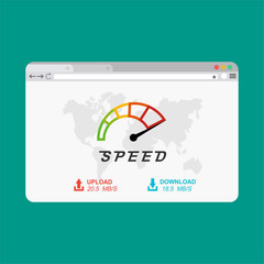 Web browser with speedometer desktop version. Website speed loading time. Vector stock illustration.