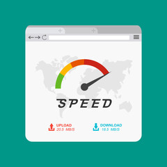 Site Speed Test Concept Fast or Slow loading page tablet version. Web browser with speedometer Vector illustration