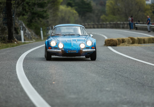Trieste, Italy - April 2, 2017: Photo of a Renault Alpine a110 1970 Berlinette on the Trieste Opicina Historic. Trieste Opicina Historic is regularity run for vintage and classic Cars.