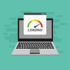 Laptop with speed test on the screen on Website or Mobile Application Vector Concept seo and Digital marketing