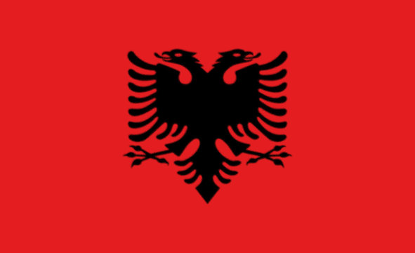The flag of Albania (Albanian: Flamuri i Shqipërisë) is a red flag with a silhouetted black double-headed eagle in the center. The red stands for bravery, strength and valor, while the double-headed e