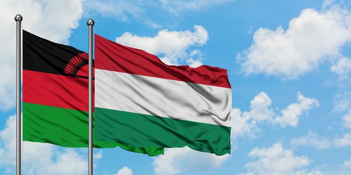 Malawi and Hungary flag waving in the wind against white cloudy blue sky together. Diplomacy concept, international relations.