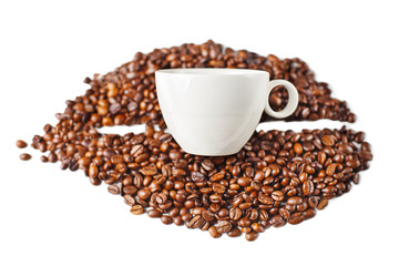 Coffee cup and beans isolated on white background