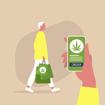 Cannabis online store, mobile interface, young male character walking with paper shopping bags, millennial lifestyle