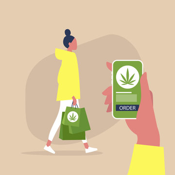 Cannabis online store, mobile interface, young female character walking with paper shopping bags, millennial lifestyle