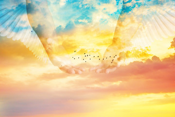 The hand opened up from heaven To welcome prayer to God background Style Double exposure .He who...