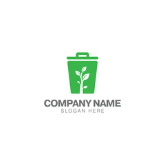 Green trash can logo, trash can and green plant vector design template