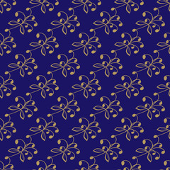 Geometric pattern with inflorescences on a dark blue background. Seamless vector background. Gold ornament. For fabric, packaging, textile. Template for web sites. Vector illustration.