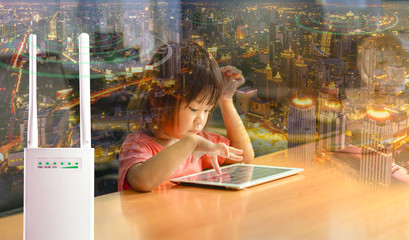 Close up Wireless router technology 4.0 devices with internet system for smartphone , Laptop with...
