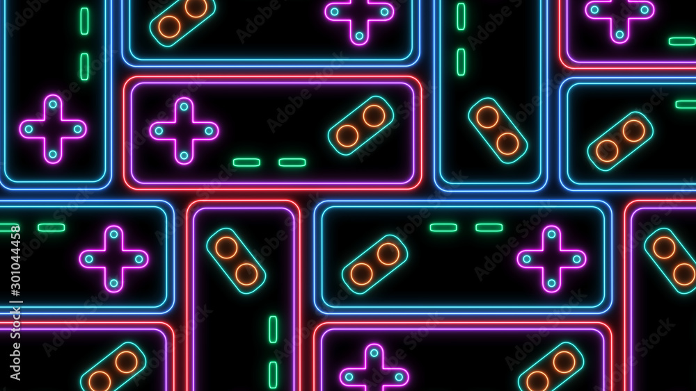 Poster retro sci-fi background. neon sign of game controller of the 80`s. futuristic design in the style of