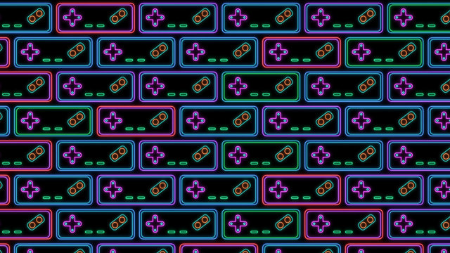 Retro Sci-Fi Background. Neon sign of Game Controller of the 80`s. Futuristic design in the style of the 1980`s. Concept of gaming
