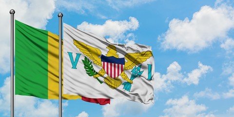 Mali and United States Virgin Islands flag waving in the wind against white cloudy blue sky together. Diplomacy concept, international relations.