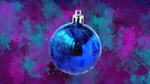 Watercolor Christmas decoration navy ball on the back-ground of colored blots.