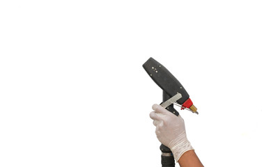 Hand with gloves ULV sprayer prepare for disinfecting coronavirus outnreak.