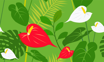 Seamless vector texture of tropical flowers and leaves. Anthurium, monstera in the jungle. Blooming garden of Eden in summer.