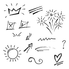Hand drawn doodle vector design element set. firework, swoops, swirl, arrow, heart, love, crown, flower, star, starburst, ribbon, highlight text and emphasis element. use for concept design