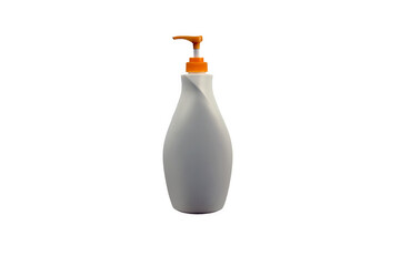 White plastic bottle on white background, fluid pump container for cosmetic product, cosmetic plastic bottle with dispenner pump package.