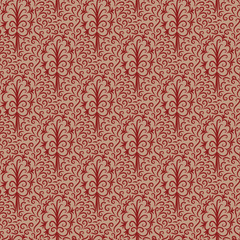 A seamless vector pattern with trees and leaves ornament in red color. Decorative surface print design. Great or backgrounds, stationery, and fabics.