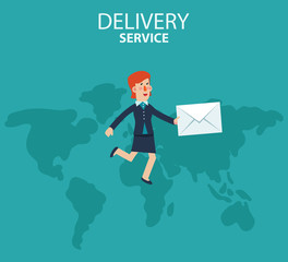 Young business woman running over the world map. Post letter, delivery service or e-mail vector concept