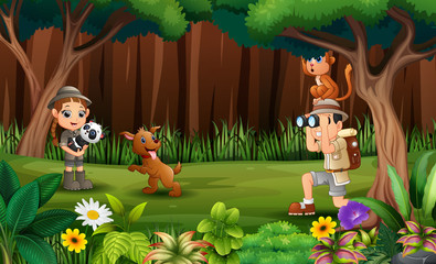 The explorer with animals on the forest