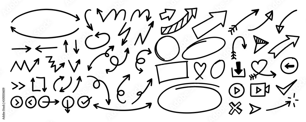 Poster hand drawn arrow vector set. doodle arrows and line sketch design on white background.