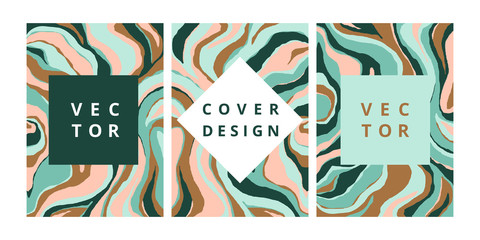 Fashion set of abstract banner with malachite texture. Modern design template with freehand striped background. Stylish cover for business, brochure and branding design. Vector illustration