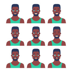 Set of young male icon with emotions in cartoon style. Man avatar profile with facial expression. African characters portraits in bright colors. Isolated vector illustration in flat design