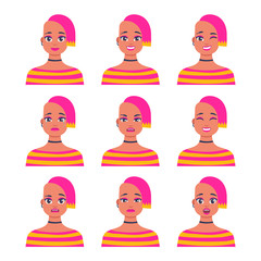 Set of young female icon with emotions in cartoon style. Girl avatar profile with facial expression. Characters portraits in bright colors. Isolated vector illustration in flat design