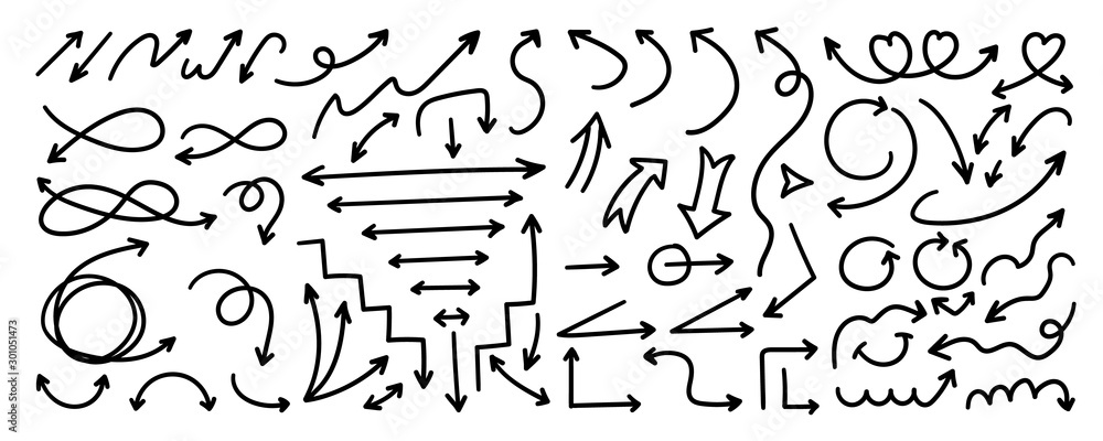 Poster hand drawn arrow vector set. doodle arrows and line sketch design on white background.