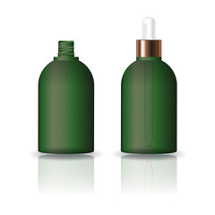 Blank green round cosmetic bottle with white dropper lid for beauty or healthy product. Isolated on white background with reflection shadow. Ready to use for package design. Vector illustration.