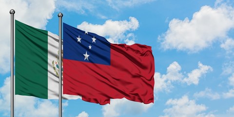 Mexico and Samoa flag waving in the wind against white cloudy blue sky together. Diplomacy concept,...