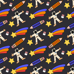 Color seamless spacecraft pattern. Kids futuristic galaxy doodle. Imagination space rocket, astronaut adventure dream, star satellite, comet. Holiday thematic wrapping paper sale design illustration.
