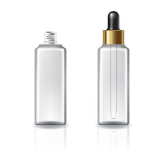 Clear square cosmetic bottle with dropper lid and gold ring for beauty or healthy product.