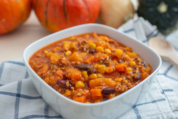 home made healthy autumn chili con carne with pumpkin