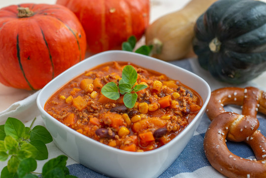 Home Made Healthy Autumn Chili Con Carne With Pumpkin