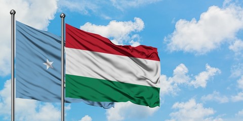 Micronesia and Hungary flag waving in the wind against white cloudy blue sky together. Diplomacy concept, international relations.