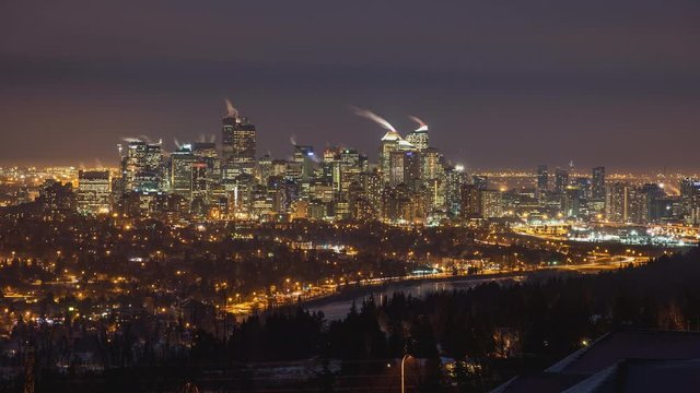Downtown Calgary Alberta on Cold winter night 4K timelapse