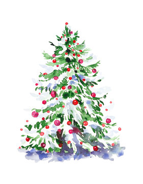 Watercolor illustration of a Christmas tree with toys. Isolated on white background