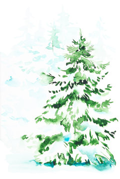 Watercolor illustration of a Christmas tree in a snowy forest. Isolated on white background