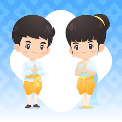 Cute Thai boy and girl character in traditional costume greeting