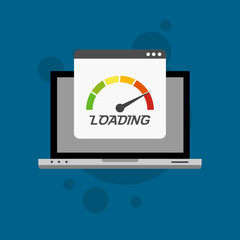 Laptop browser with speedometer test showing loading speed time. Vector illustration