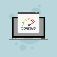 Laptop browser with speedometer test showing loading speed time. Vector illustration
