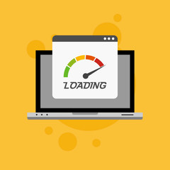 Fototapeta premium Laptop browser with speedometer test showing loading speed time. Vector illustration