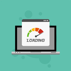 Laptop browser with speedometer test showing loading speed time. Vector illustration