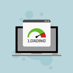 Laptop browser with speedometer test showing loading speed time. Vector illustration