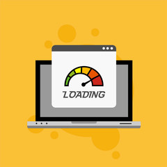 Laptop browser with speedometer test showing loading speed time. Vector illustration
