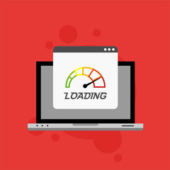 Laptop browser with speedometer test showing loading speed time. Vector illustration