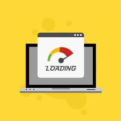 Laptop browser with speedometer test showing loading speed time. Vector illustration