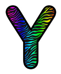3D Zebra RAINBOW print letter Y, animal skin fur creative decorative character A, with colorful isolated in white background. has clipping path and dicut. Design font wildlife or safari concept.