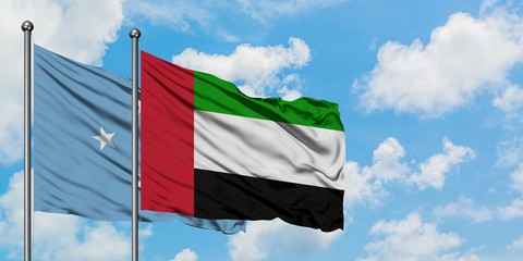 Micronesia and United Arab Emirates flag waving in the wind against white cloudy blue sky together. Diplomacy concept, international relations.